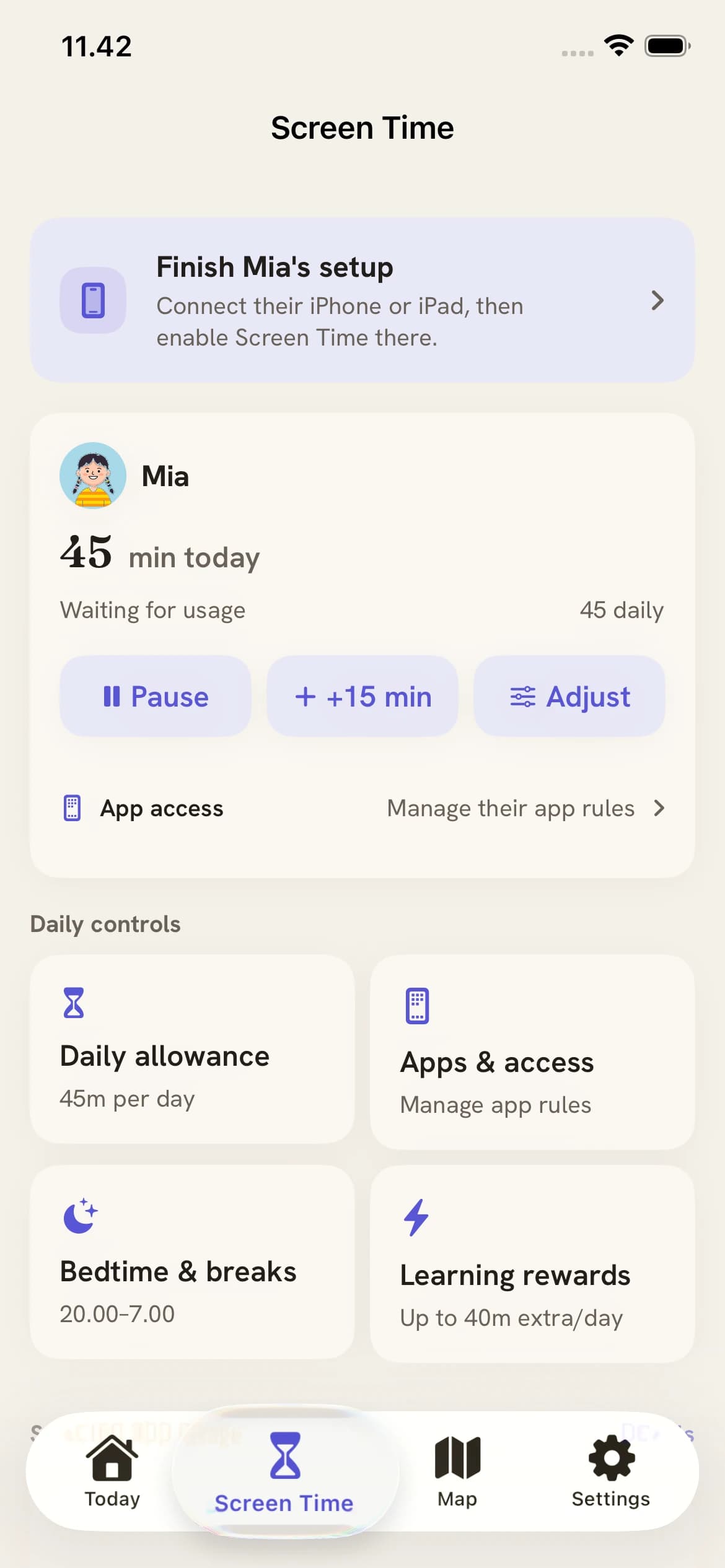 Parent Screen Time controls for daily allowance, app access, bedtime and capped learning rewards. Example settings are saved while the device awaits connection.