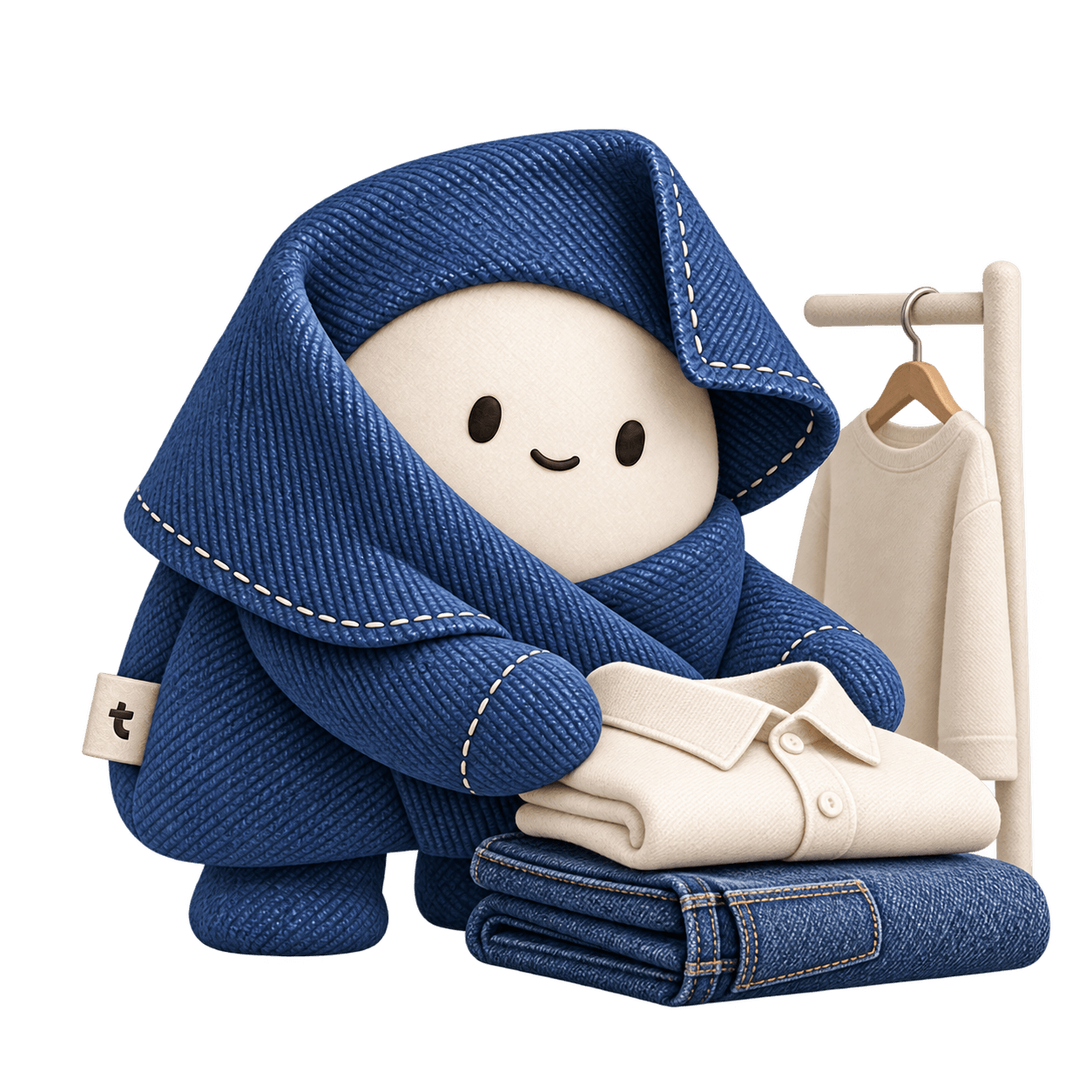 Twillbys maskot organiserer foldede jeans og en elfenbensfarvet skjorte