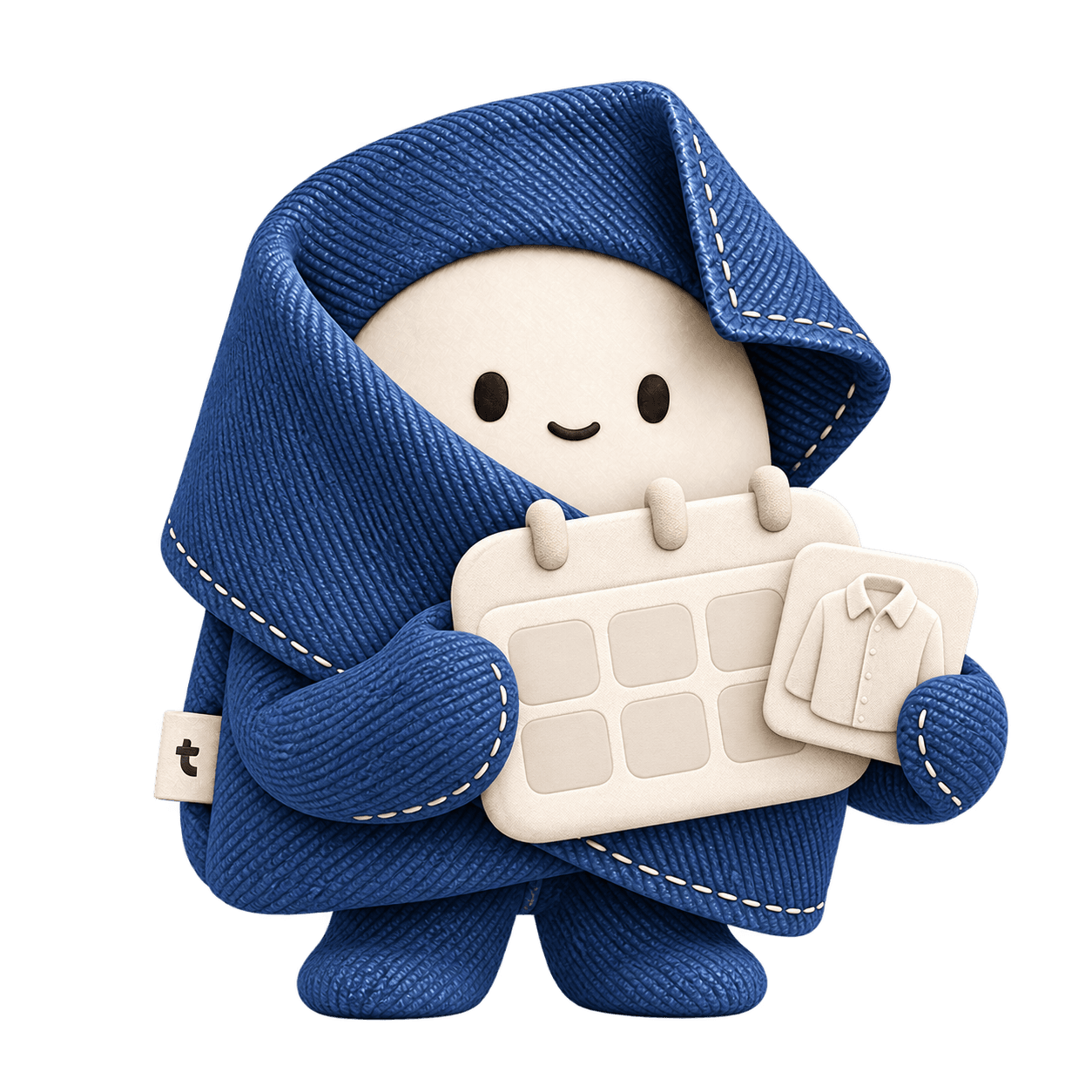 Twillbys denim-maskot planlægger outfits med en kalender