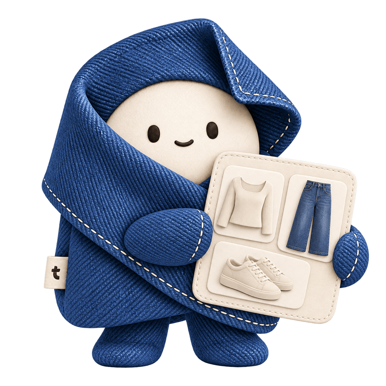 Twillbys denim-maskot med et outfitkort