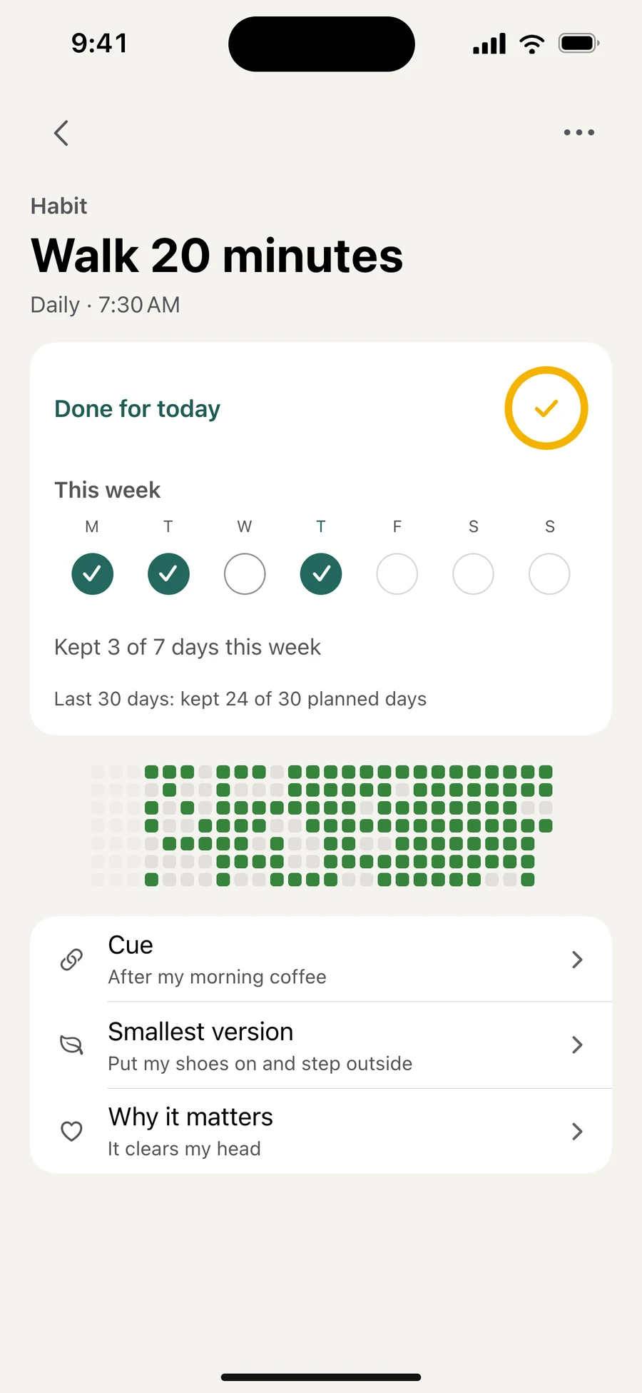 Vela 2.0 habit interface illustration with a year of recorded activity