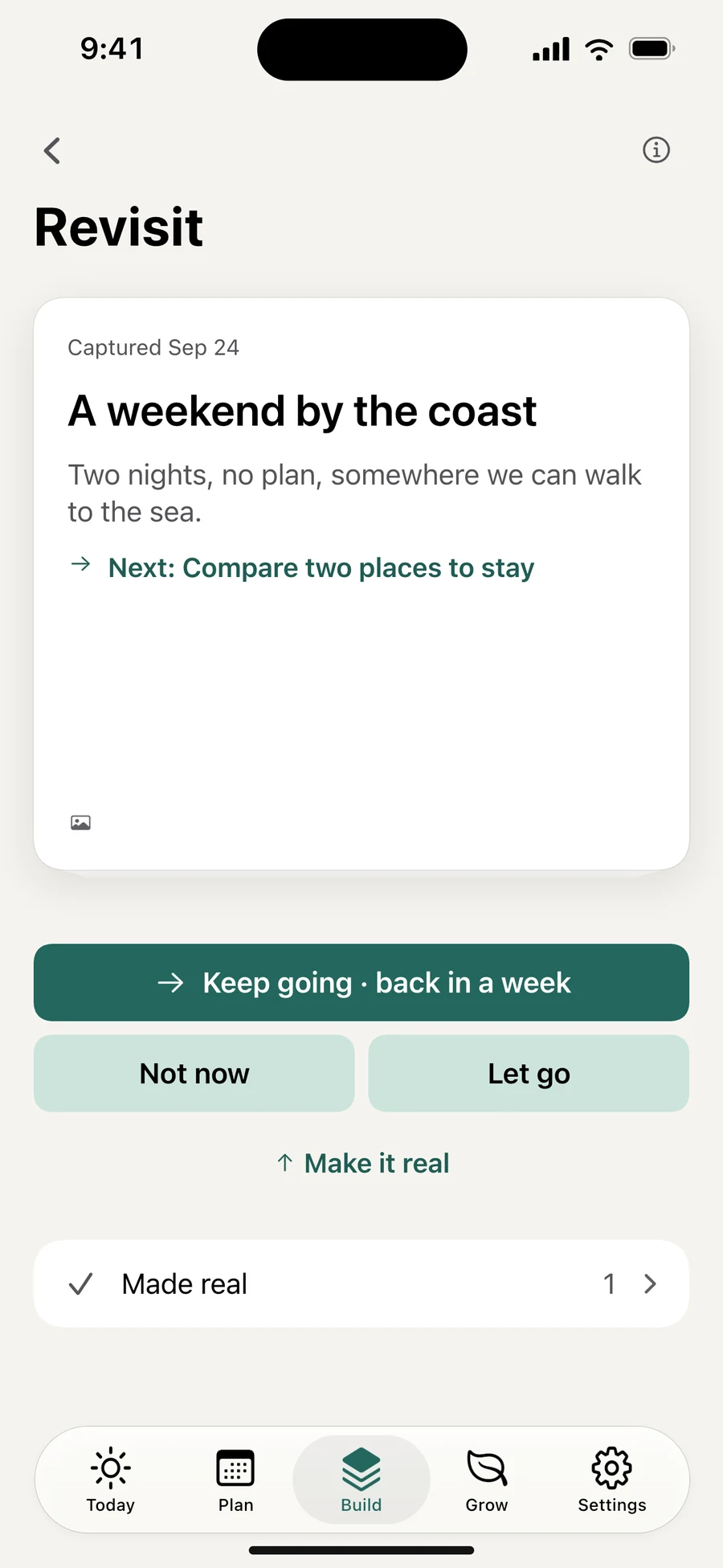 Vela 2.0 Ideas interface illustration: a saved weekend idea resurfaced for another look